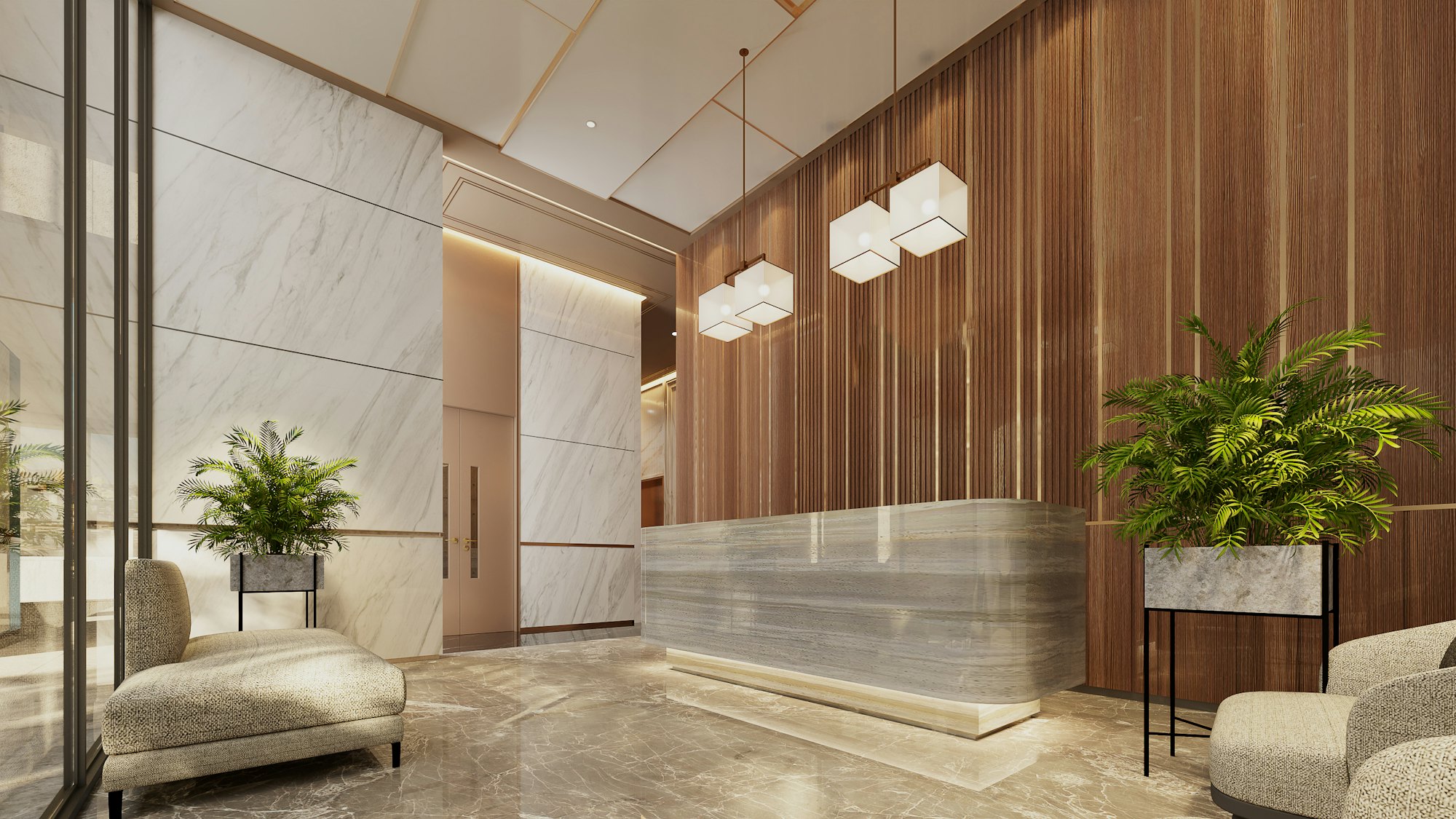 Lobby con muro y recepción revestidos en madera